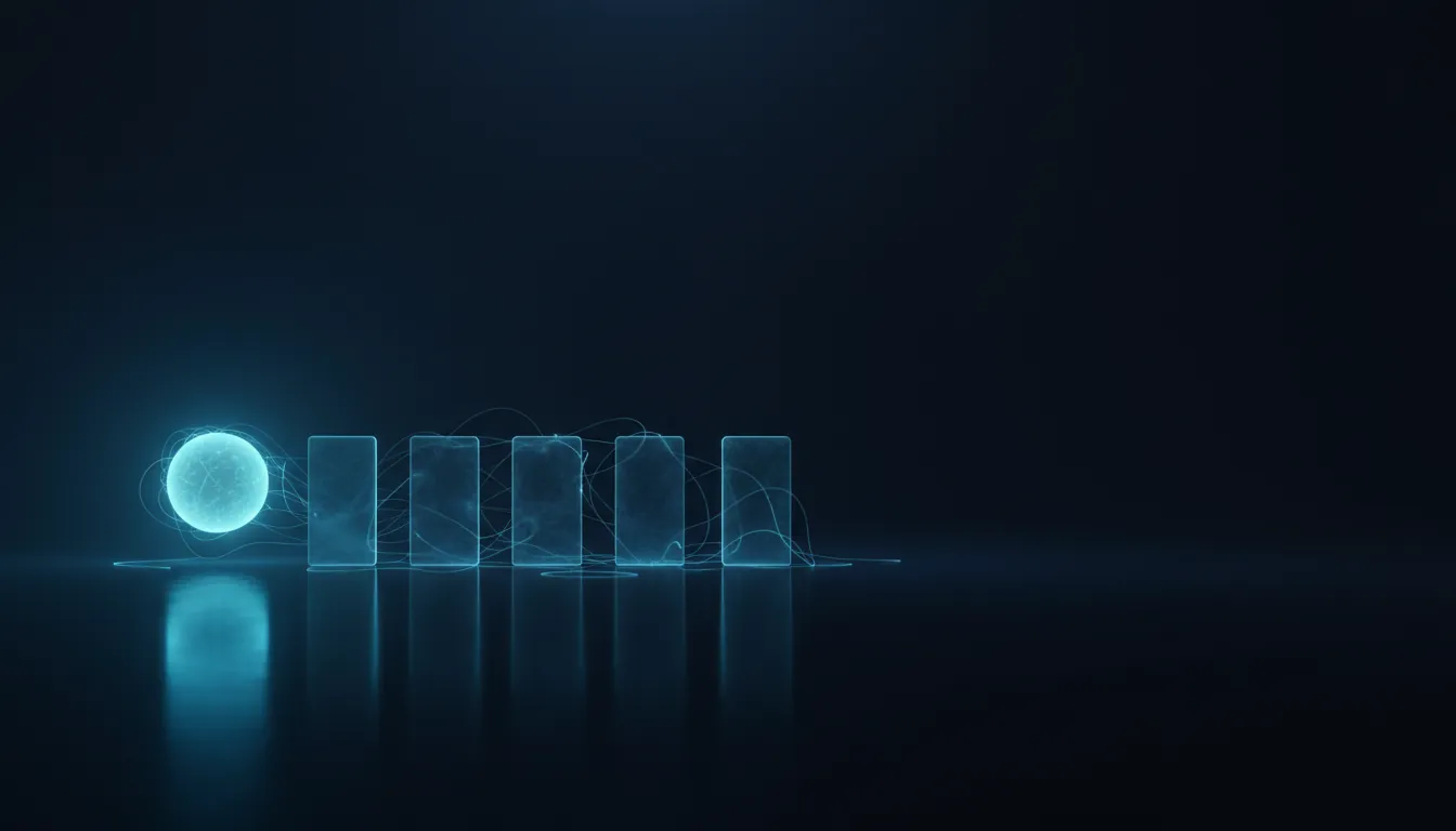 گوی نورانی که با رشته‌های باریکی از نور به ردیفی از کارت‌های شیشه‌ای ایستاده روی کفی تیره وصل شده است